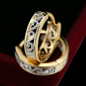 Mens 18K Yellow Gold Filled Silver Filigree Two Tone Carved Hoop Huggie Earrings
